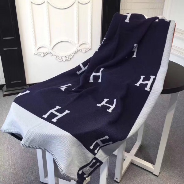 Hermes Avalon Blanket In Blue Wool and Cashmere Replica