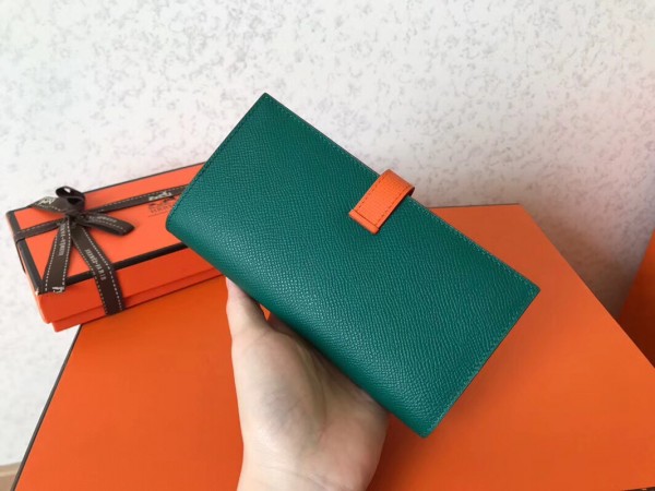 Hermes Bi-Color Epsom Bearn Wallet Malachite/Orange Replica