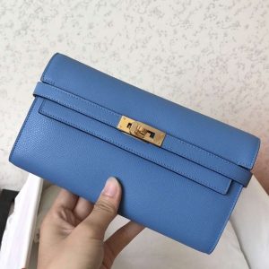 Hermes Kelly Classic Long Wallet In Blue Jean Epsom Leather Replica