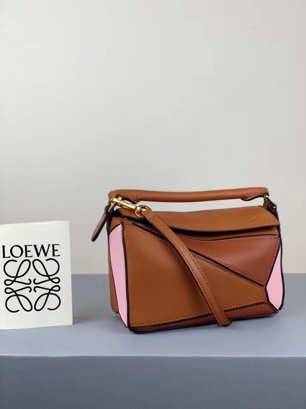 Loewe Mini Puzzle Bag In Brown Camel Pink Calfskin Replica